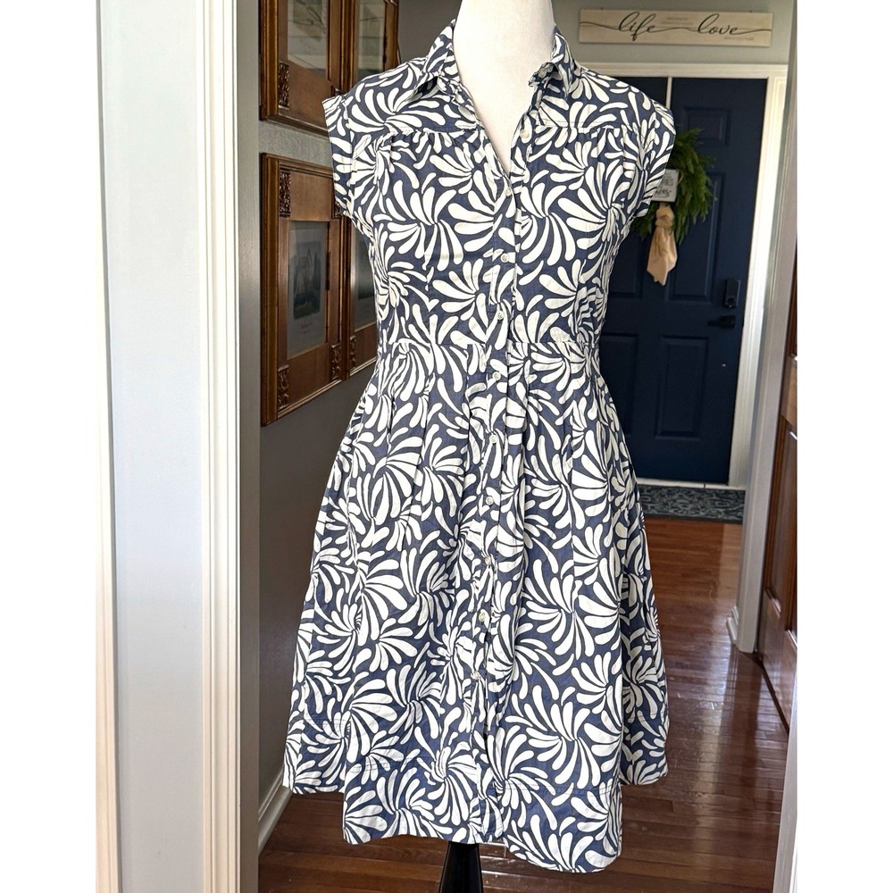 Merona Blue White Floral Collared Cotton Button Front Shirt Dress Size 10
